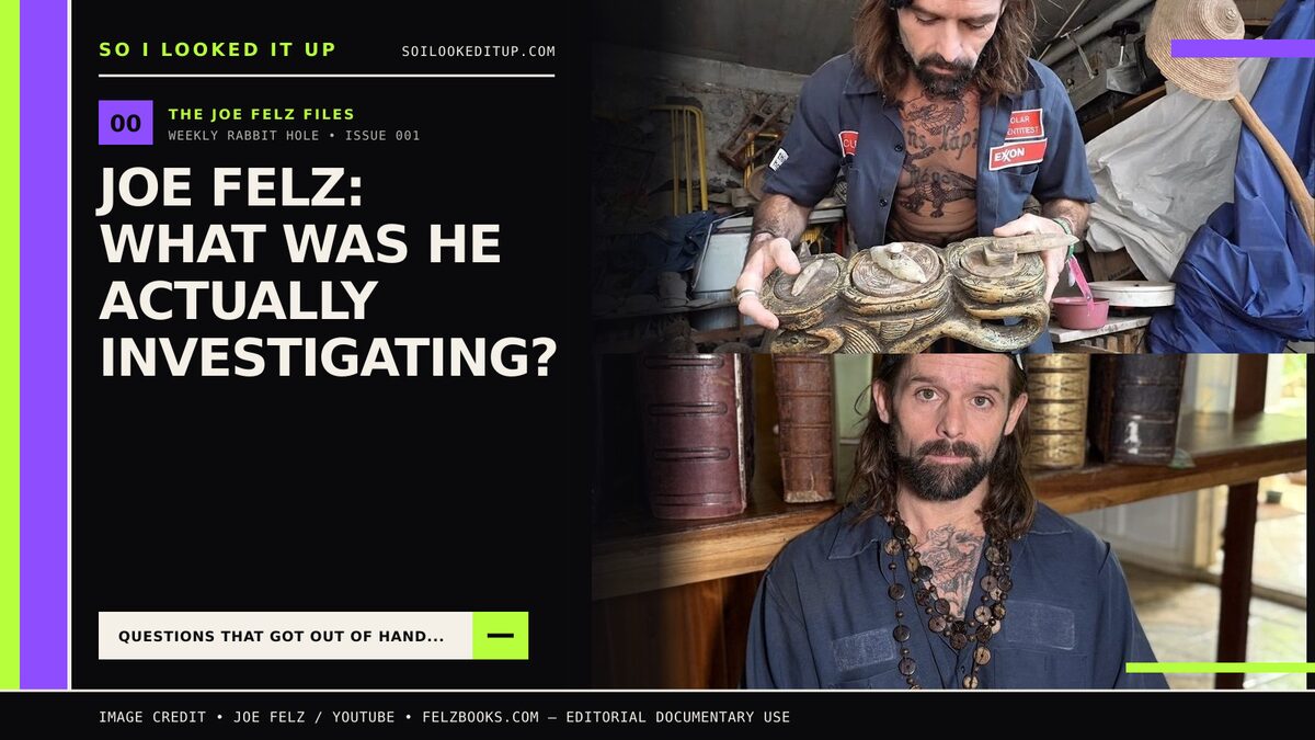 Joe Felz holding unusual artefacts in two documentary photographs beside the headline ‘Joe Felz: What Was He Actually Investigating?’
