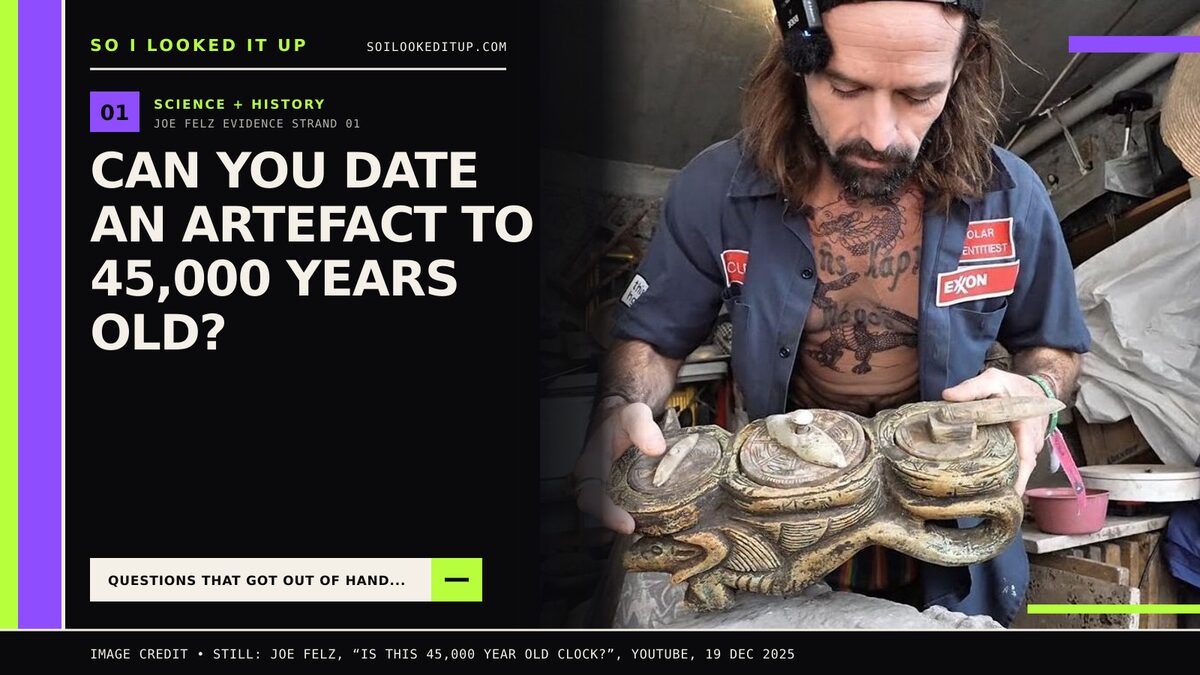 Joe Felz examining a carved clock-like object in a workshop, beside the question “Can you date an artefact to 45,000 years old?”