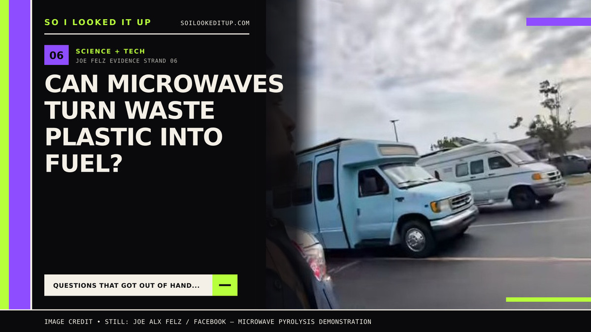 Joe Felz’s mobile microwave-pyrolysis demonstration, beside the question “Can microwaves turn waste plastic into fuel?”