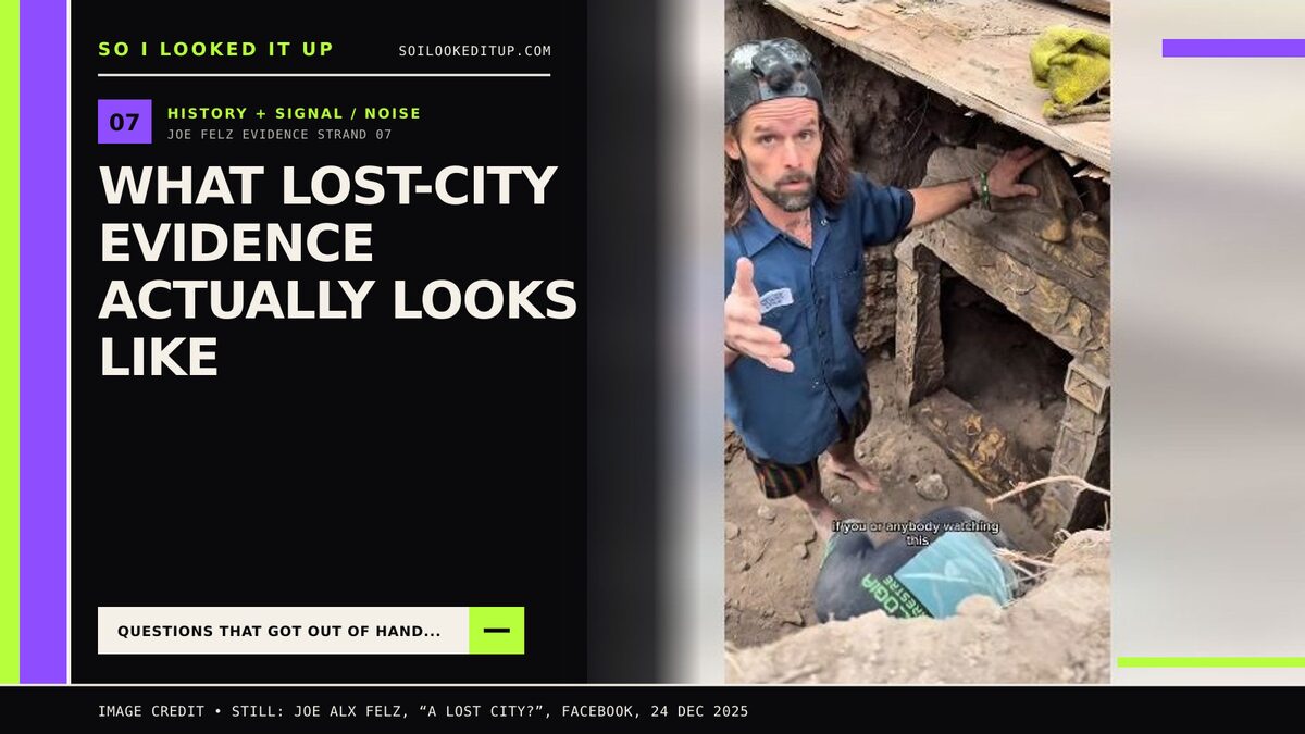Joe Felz standing beside an excavated structure in his “A Lost City?” video.