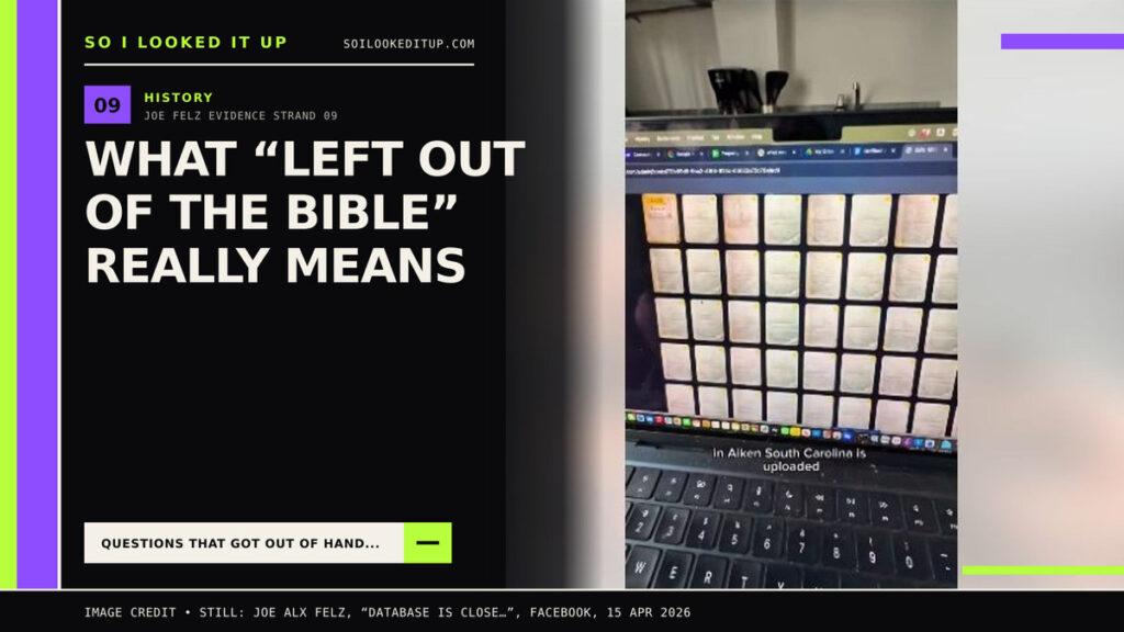A laptop displaying Joe Felz’s FelzBooks beta library beside the question “What ‘left out of the Bible’ really means.”