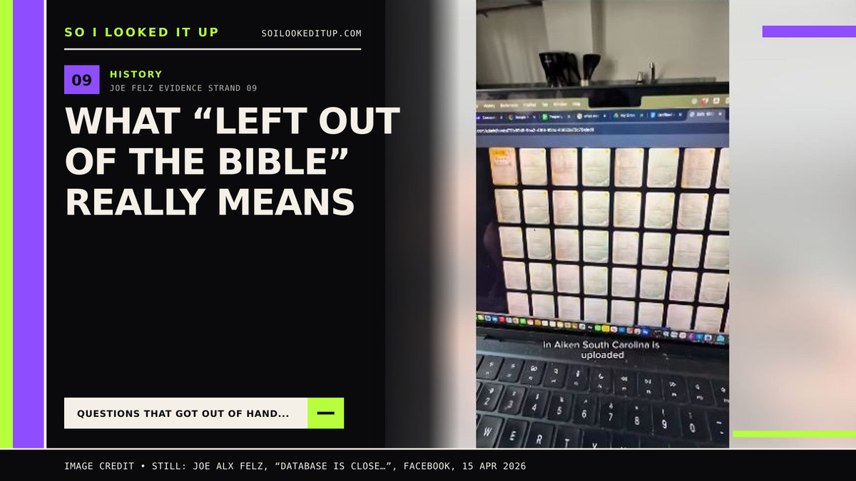 A laptop displaying Joe Felz’s FelzBooks beta library beside the question “What ‘left out of the Bible’ really means.”