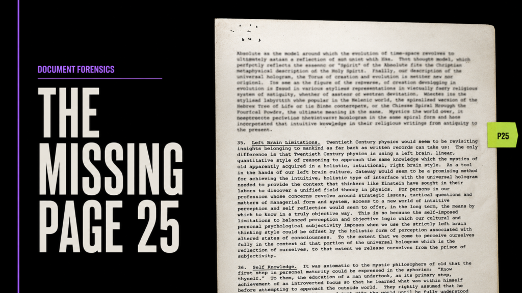 Archival typewritten page 25 of the 1983 Gateway Process report beside the words The Missing Page 25.