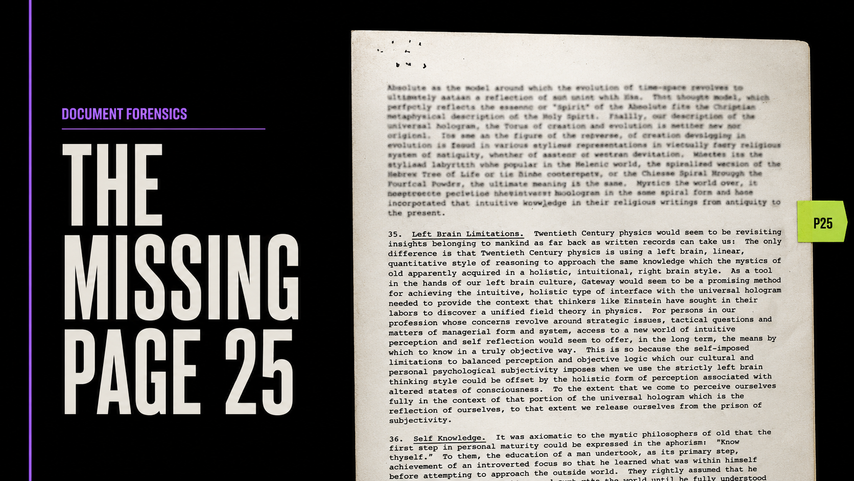 Archival typewritten page 25 of the 1983 Gateway Process report beside the words The Missing Page 25.