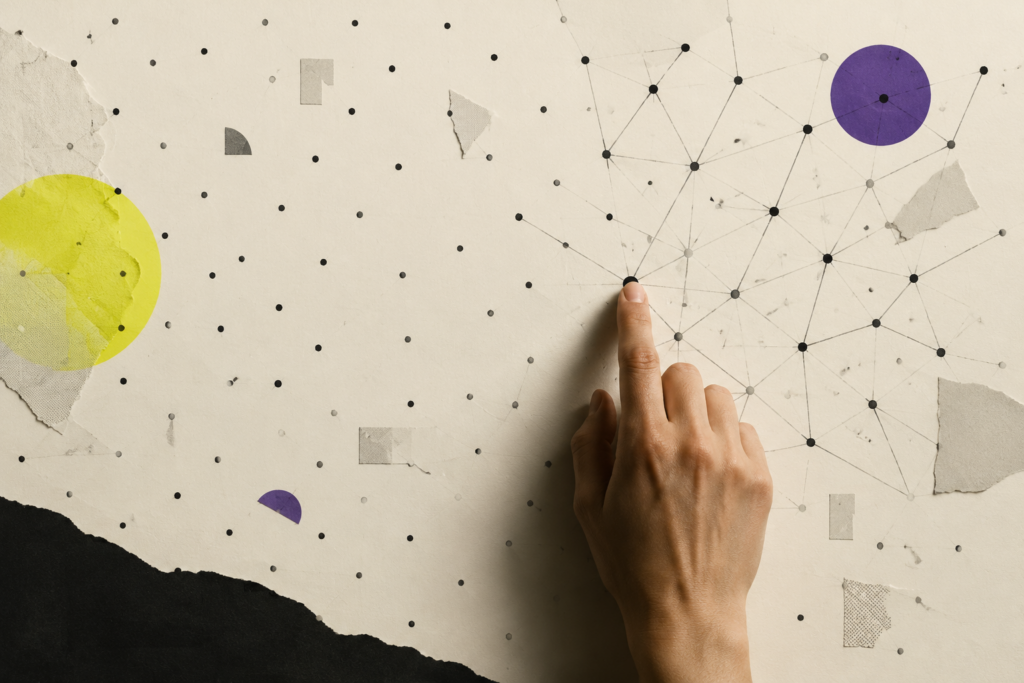 A hand touches one dot on an off-white field, revealing a network of black points with violet and acid-yellow accents.
