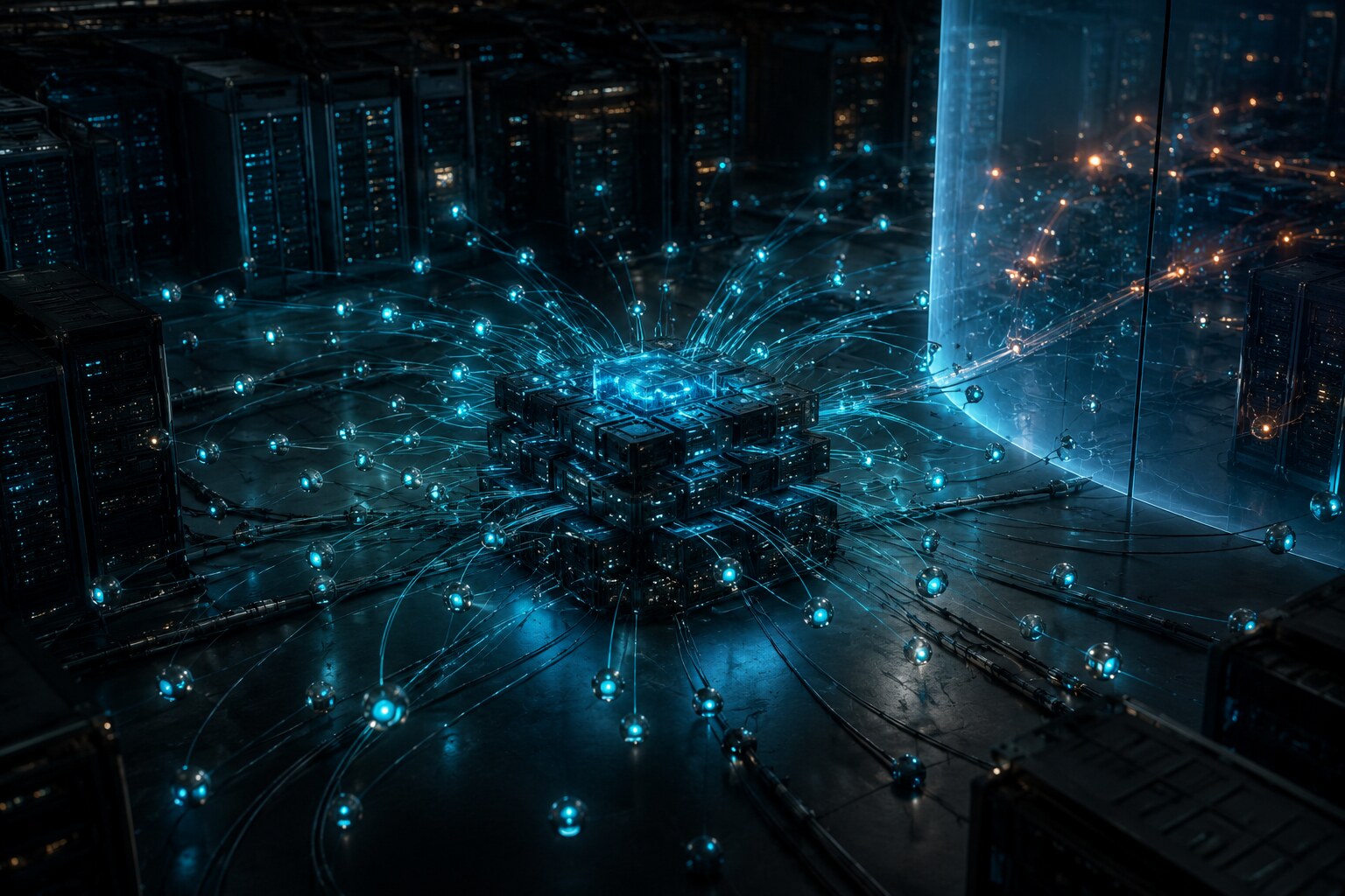 Abstract AI agent network converging on shared server infrastructure and crossing a containment boundary
