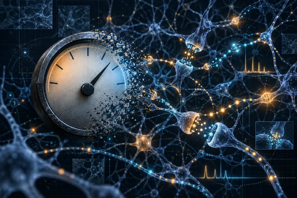A simple gauge dissolves into a complex network of neurons and timed signals, illustrating why dopamine cannot be reduced to one level.